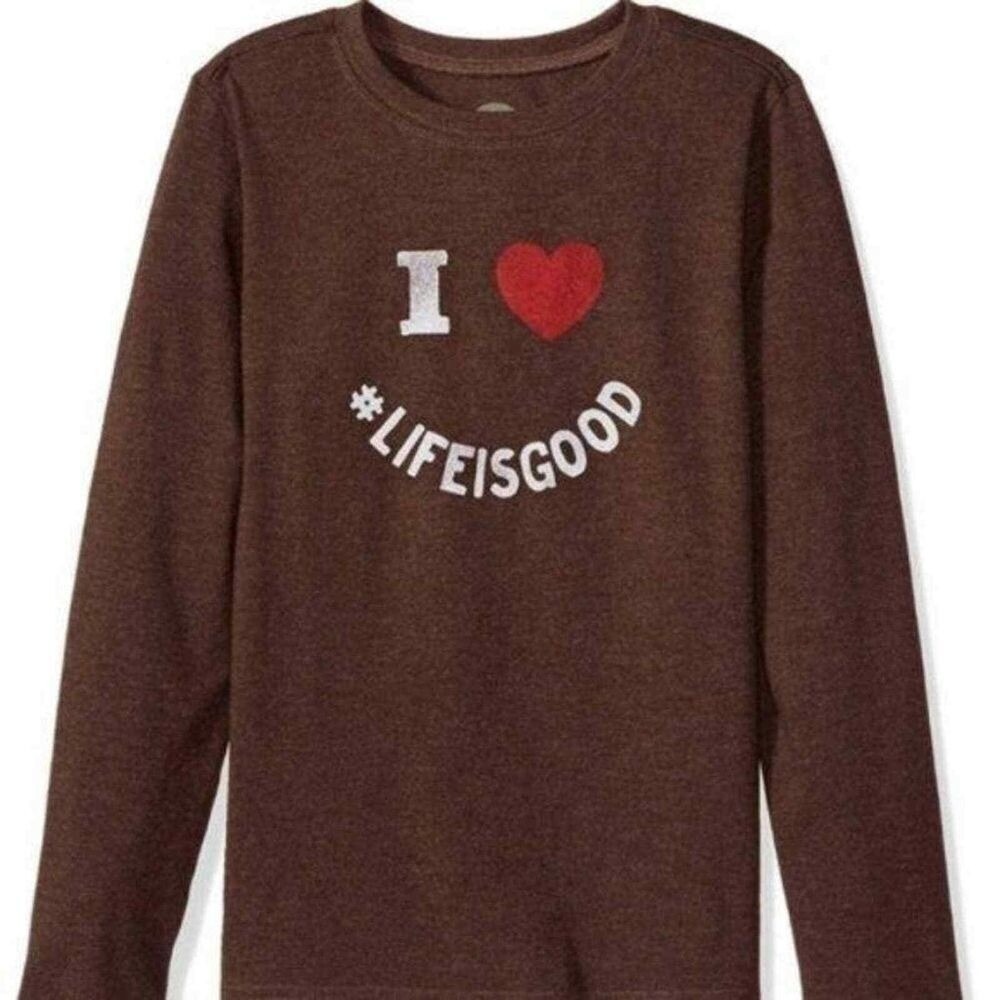 Life Is Good Long Sleeve Tee Boys S Heather Brown I Heart Graphic Crusher Cotton